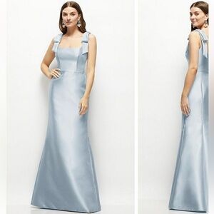 Satin Square-Neck Maxi Dress with Bow Straps - Light Blue